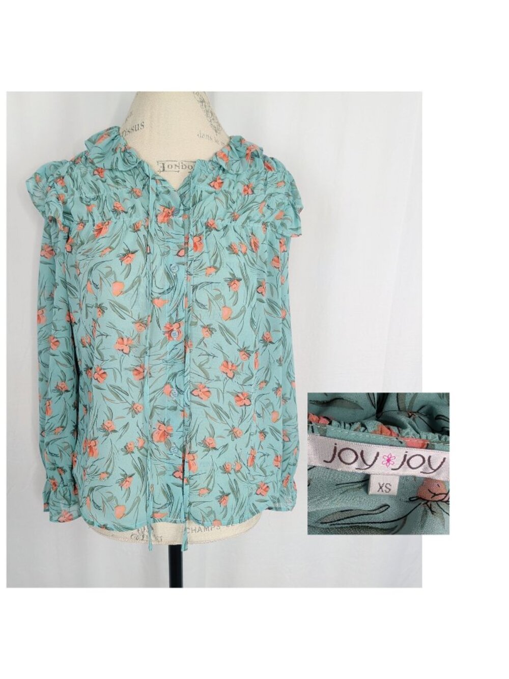 JoyJoy Top X Small Blouse Green Floral Ruffle Flowy